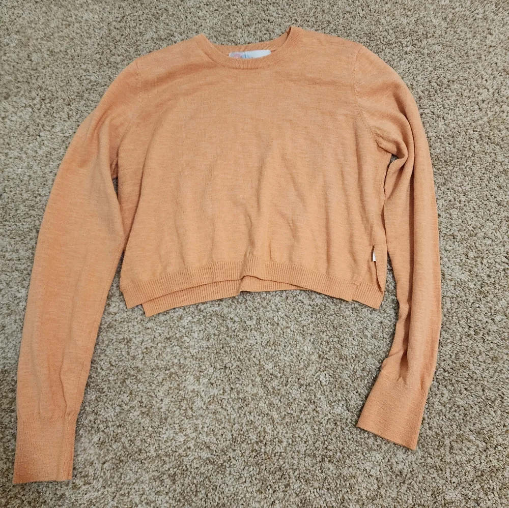Free People Beach Size L Peach Orange Crew Long Sleeve Cropped Cotton - Picture 1 of 4